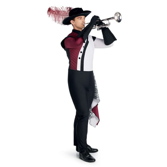 Custom maroon and white jacket with black trim marching band uniform over half white, half maroon long sleeve marching band uniform undershirt. Front view with black gloves, gauntlets, and pants, black flocked hat with maroon feather, and maroon and sequin silver drop off left hip playing instrument