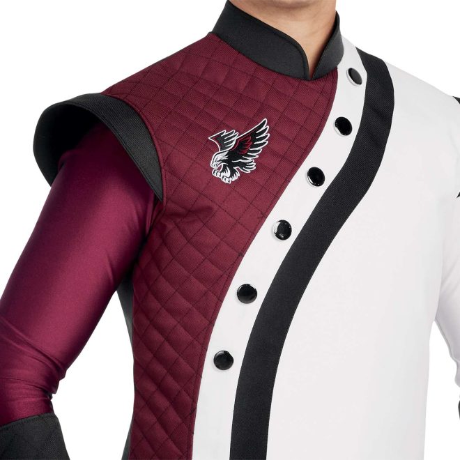 Custom maroon and white jacket with black trim marching band uniform over half white, half maroon long sleeve marching band uniform undershirt. Front view close up