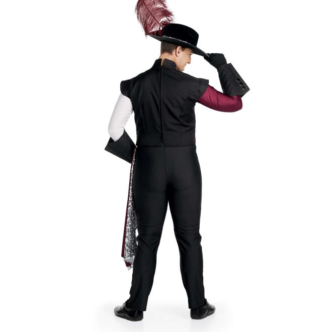 Custom black jacket marching band uniform over half white, half maroon long sleeve marching band uniform undershirt. Back view with black gloves, gauntlets, and pants, black flocked hat with maroon feather, and maroon and sequin silver drop off left hip