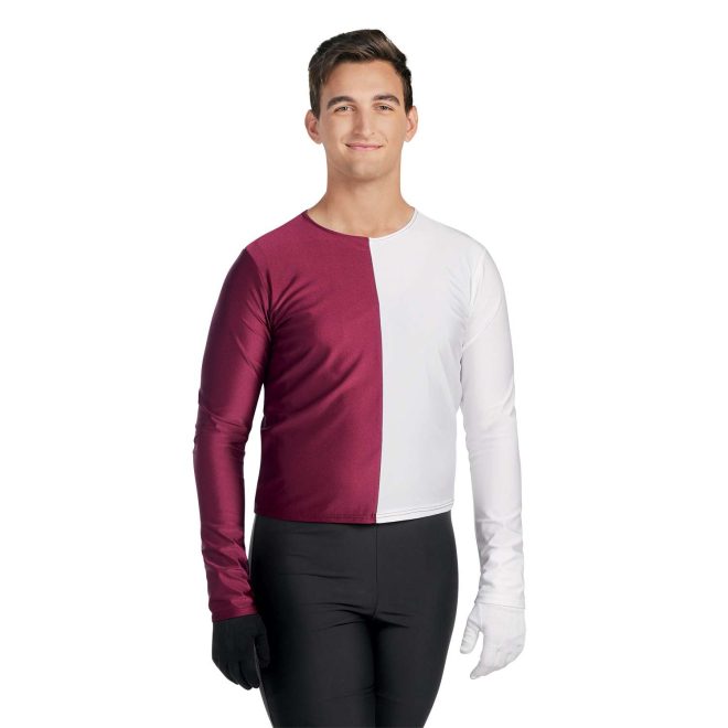 Custom half white, half maroon long sleeve marching band uniform undershirt. Front view with one white glove one black glove and black pants