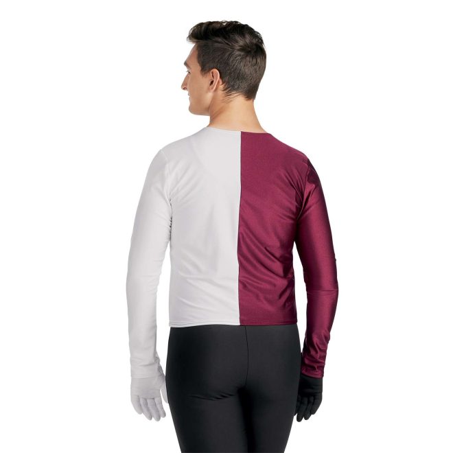 Custom half white, half maroon long sleeve marching band uniform undershirt. Back view with one white glove one black glove and black pants