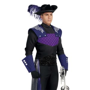 Custom black and purple marching band uniform. Front view with black flocked hat and purple feather, black pants and gloves, dark purple gauntlets, and purple and silver drop off right hip and black sequin around waist, and dark purple with silver design shoulder overlays snapped on. holding instrument