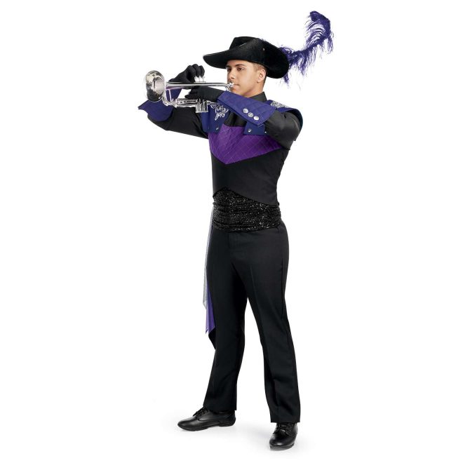 Custom black and purple marching band uniform. Front view with black flocked hat and purple feather, black pants and gloves, dark purple gauntlets, and purple and silver drop off right hip and black sequin around waist, and dark purple with silver design shoulder overlays snapped on. playing instrument
