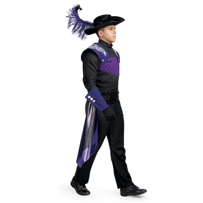 Custom black and purple marching band uniform. Front view with black flocked hat and purple feather, black pants and gloves, dark purple gauntlets, and purple and silver drop off right hip and black sequin around waist, and dark purple with silver design shoulder overlays snapped on