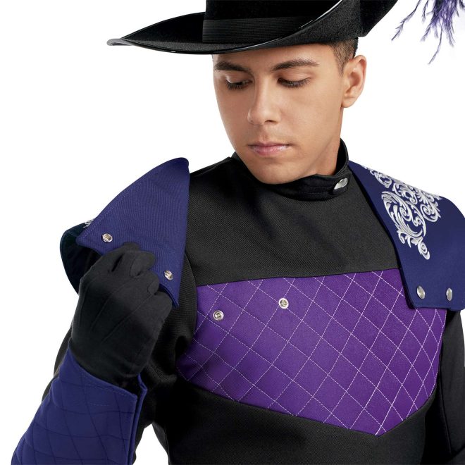 Custom black and purple marching band uniform. Front view with black flocked hat and purple feather, black pants and gloves, dark purple gauntlets, and purple and silver drop off right hip and black sequin around waist. Close up with dark purple with silver design shoulder overlays snapped on