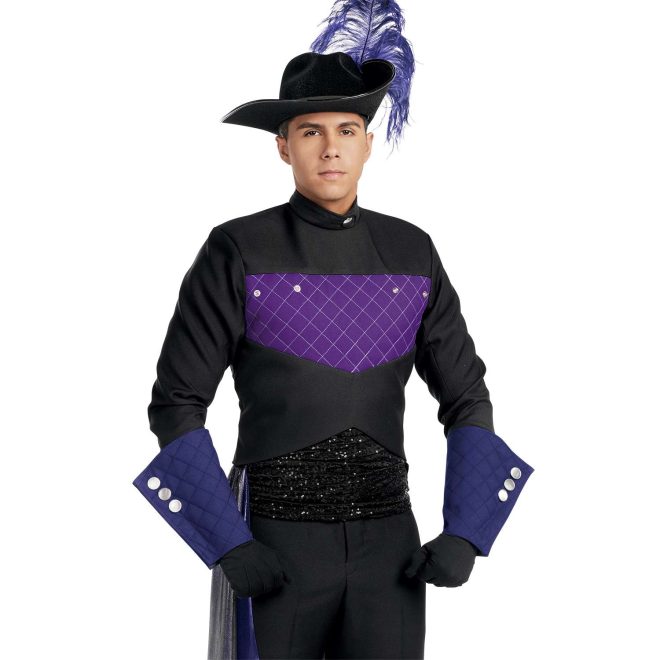 Custom black and purple marching band uniform. Front view with black flocked hat and purple feather, black pants and gloves, dark purple gauntlets, and purple and silver drop off right hip and black sequin around waist