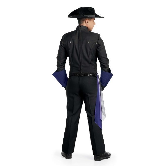 Custom black marching band uniform. Back view with black flocked hat, pants, and gloves, dark purple gauntlets, and purple and silver drop off right hip
