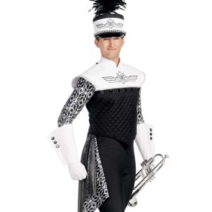 Custom black and white jacket with black and white geometric pattern undershirt. Front view with black and white shako, white gauntlets and gloves, black pants, and silver drop off right hip