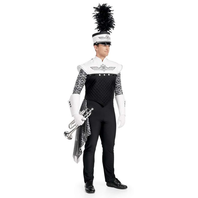 Custom black and white jacket with black and white geometric pattern undershirt. Front view with black and white shako, white gauntlets and gloves, black pants, and silver drop off right hip