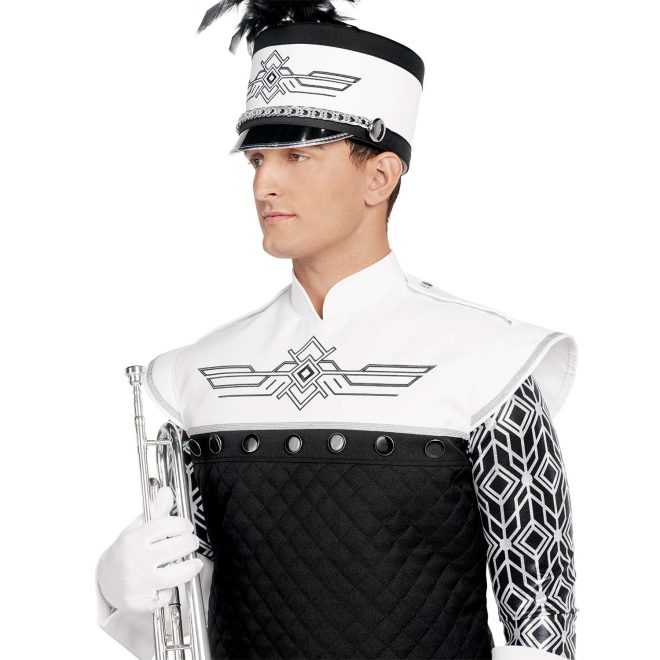 Custom black and white jacket with black and white geometric pattern undershirt. Front view with black and white shako, white gauntlets and gloves holding instrument