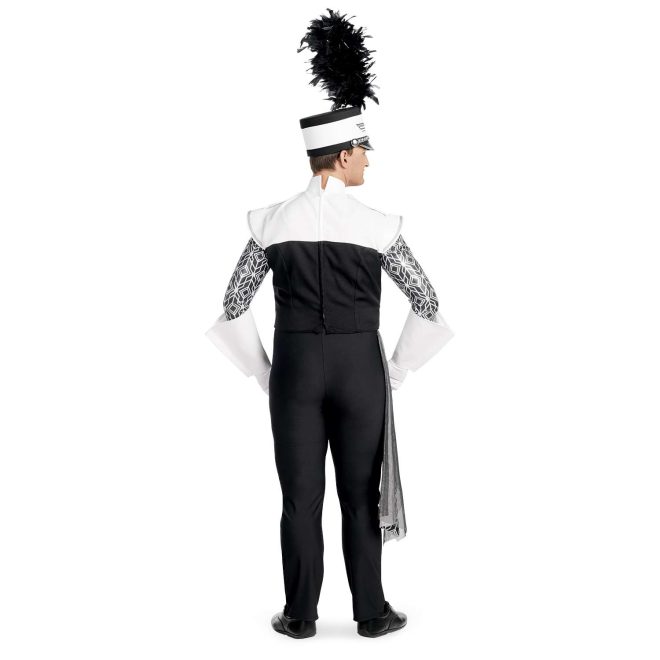 Custom black and white jacket with black and white geometric pattern undershirt. Back view with black and white shako, white gauntlets and gloves, black pants, and silver drop off right hip