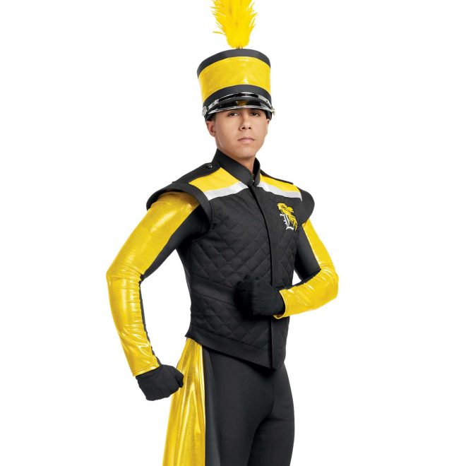 Custom yellow and black marching band uniform front view with black sleeveless winged jacket with yellow and silver shoulders with matching shako, black gloves and pants, and yellow drop off right hip