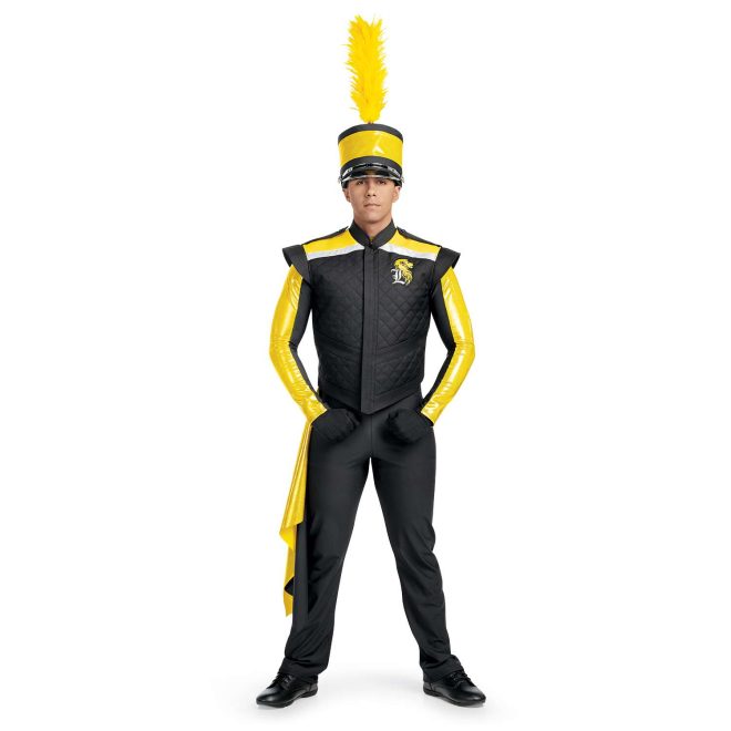 Custom yellow and black marching band uniform front view with black sleeveless winged jacket with yellow and silver shoulders with matching shako, black gloves and pants, and yellow drop off right hip