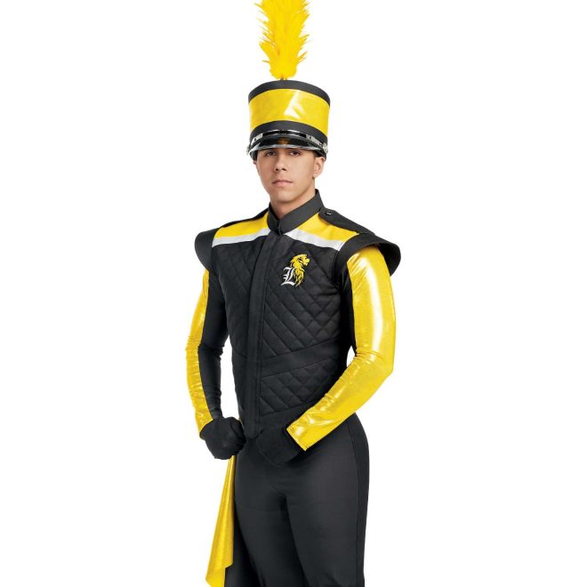 Custom yellow and black marching band uniform front view with black sleeveless winged jacket with yellow and silver shoulders with matching shako, black gloves and pants, and yellow drop off right hip