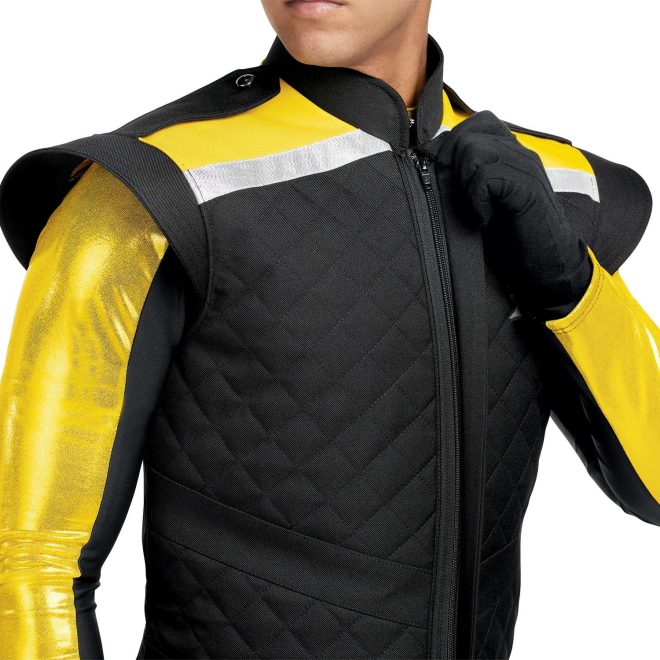 Custom yellow and black marching band uniform front view with black sleeveless winged jacket with yellow and silver shoulders