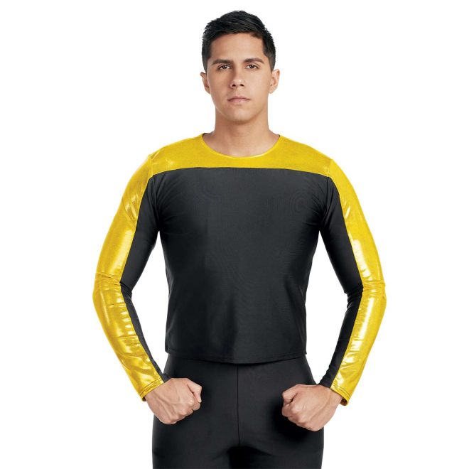 Custom yellow and black marching band uniform front view with black pants