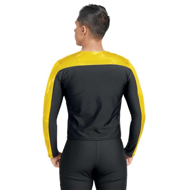 Custom yellow and black marching band uniform back view with black pants