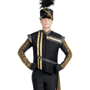 Custom black with gold diagonal stripes marching band uniform. Front view with matching shako, and black gloves and pants
