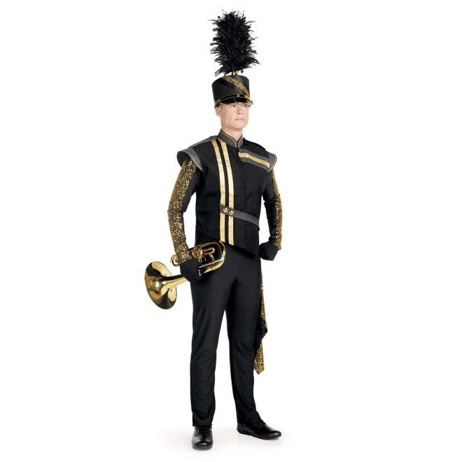 Custom black with gold diagonal stripes marching band uniform. Front view with matching shako, and black gloves and pants holding instrument