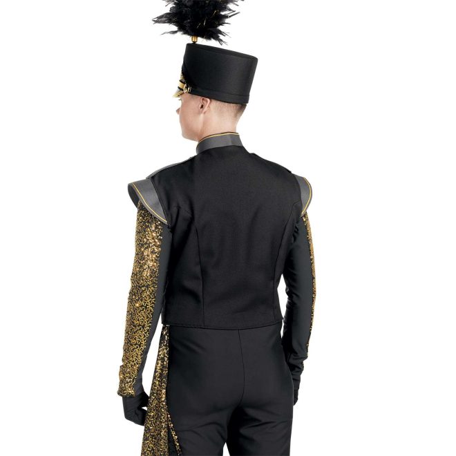 Custom sleeveless black with gold trim marching band uniform. Back view with black and sequin gold long sleeve undershirt, black pants and shako and gold drop off left hip