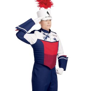 Custom navy, white, and red marching band uniform. Front view with white gloves, navy pants, white shako with silver accessories and red plume, and navy with white and red trim gauntlets