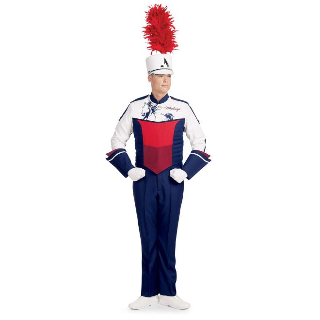Custom navy, white, and red marching band uniform. Front view with white gloves, navy pants, white shako with silver accessories and red plume, and navy with white and red trim gauntlets