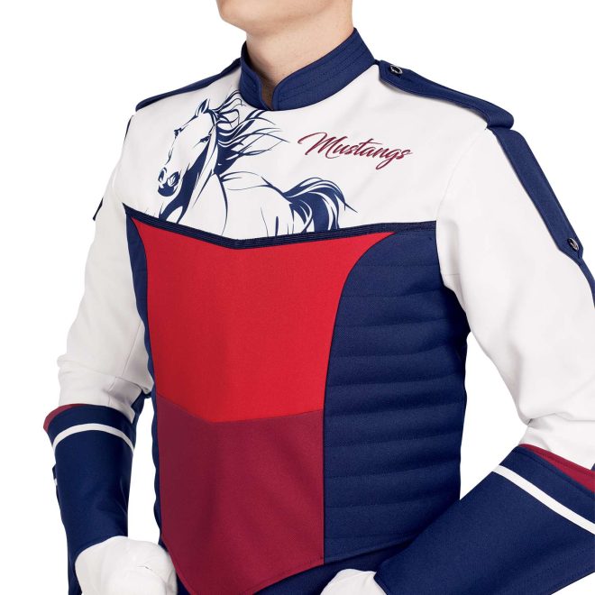 Custom navy, white, and red marching band uniform. Front view close up with white gloves and navy with white and red trim gauntlets