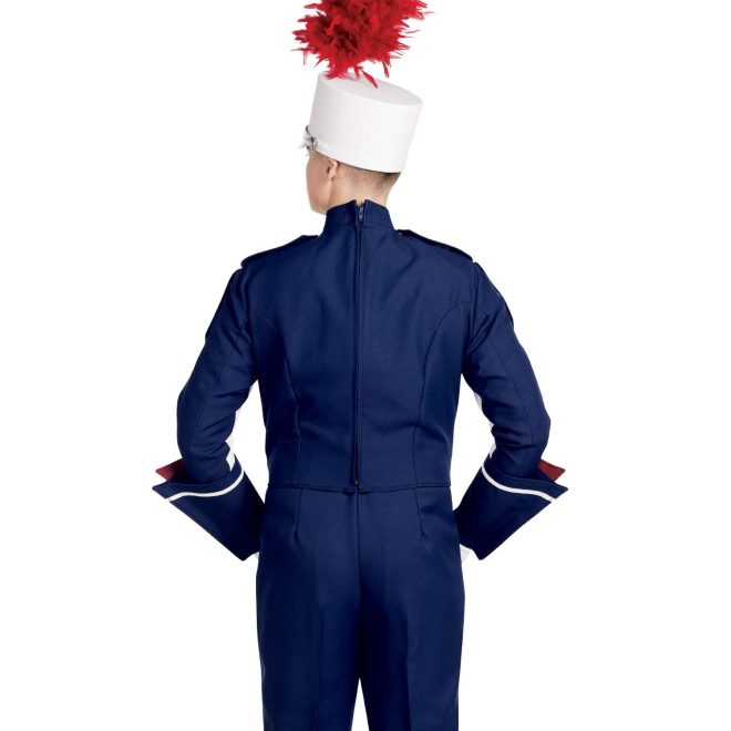 Custom navy marching band uniform. Back view with white shako with red plume, navy pants, and navy with white and red trim gauntlets