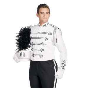 Custom white with black trim marching band uniform. Front view with white shako with silver accessories and black plume, white gloves, and black pants