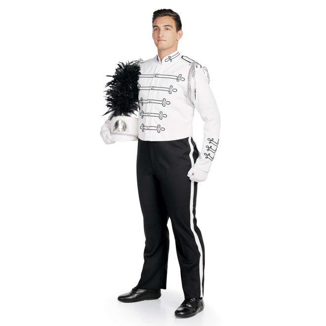 Custom white with black trim marching band uniform. Front view with white shako with silver accessories and black plume, white gloves, and black pants