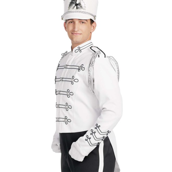 Custom white with black trim marching band uniform. Front view with white shako with silver accessories and black plume, white gloves, and black pants