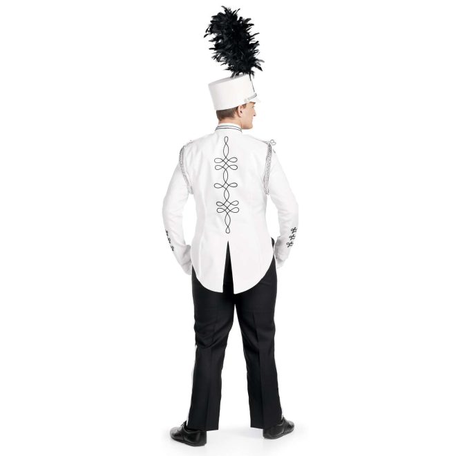 Custom white with black trim marching band uniform. Back view with white shako and black plume, white gloves, and black pants