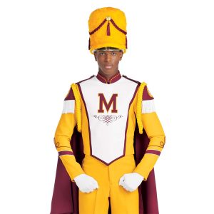 Custom yellow with brick trim marching band uniform. Front view with white gloves and yellow busby hat and pants and brick cape with yellow logo holding amazing mace