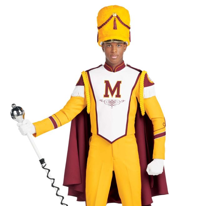 Custom yellow with brick trim marching band uniform. Front view with white gloves and yellow busby hat and pants and brick cape with yellow logo holding amazing mace