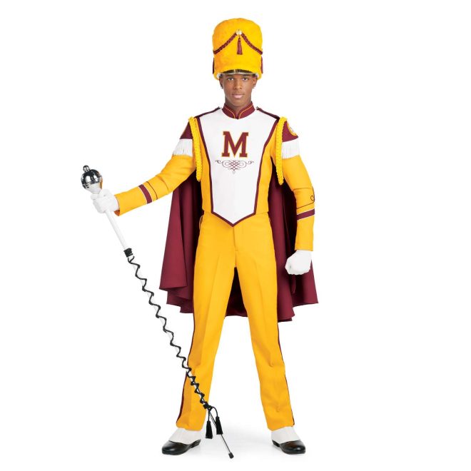 Custom yellow with brick trim marching band uniform. Front view with white gloves and yellow busby hat and pants and brick cape with yellow logo holding amazing mace