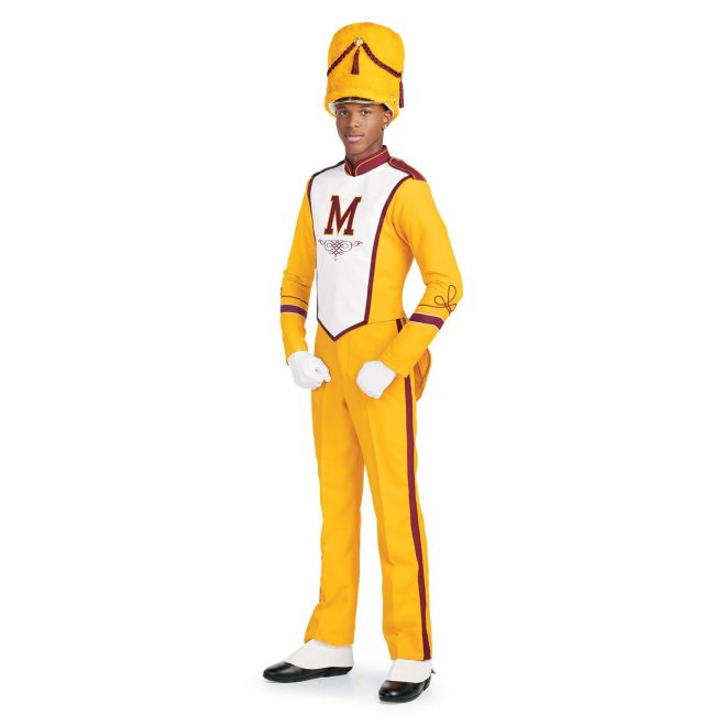 Custom yellow and white with brick trim marching band uniform. Front view with white gloves and yellow busby hat and pants