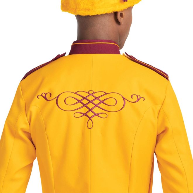 Custom yellow with brick trim marching band uniform. Back view close up with yellow busby hat