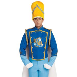 Custom royal with yellow and light blue detailing marching band uniform. Front view with white gloves, yellow busby hat, yellow cape with white underside, and light blue pants