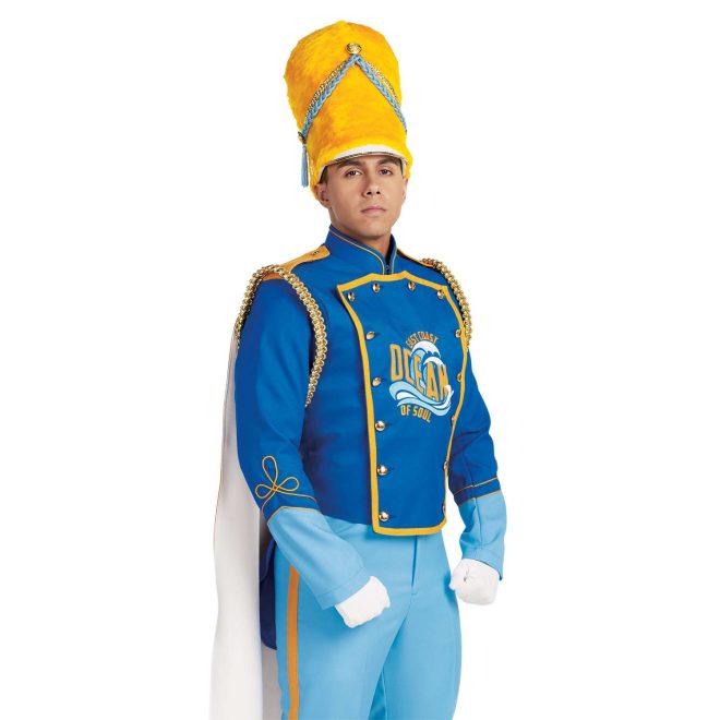 Custom royal with yellow and light blue detailing marching band uniform. Front view with white gloves, yellow busby hat, yellow cape with white underside, and light blue pants