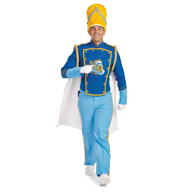 Custom royal with yellow and light blue detailing marching band uniform. Front view with white gloves, yellow busby hat, yellow cape with white underside, and light blue pants