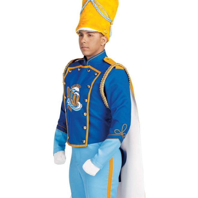 Custom royal with yellow and light blue detailing marching band uniform. Front view with white gloves, yellow busby hat, yellow cape with white underside, and light blue pants