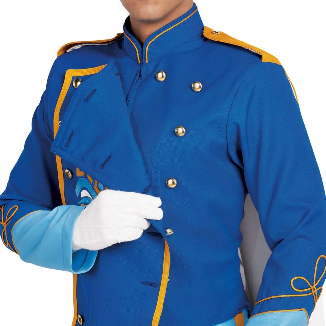 Custom royal with yellow and light blue detailing marching band uniform. Front view close up with white gloves front panel unbuttoned