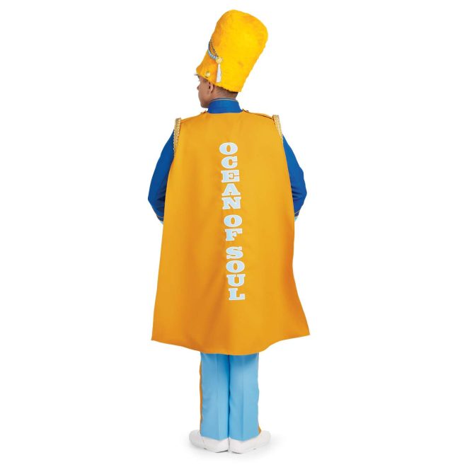 Custom royal with yellow trim and light blue details. Back view with yellow busby hat, yellow cape with light blue letters, and light blue pants