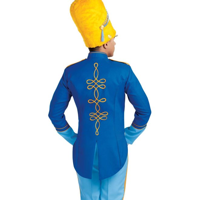 Custom royal with yellow trim and light blue details. Back view with yellow busby hat and light blue pants