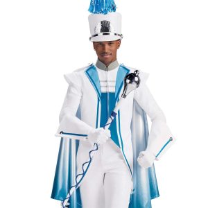 Custom white with carolina blue trim marching band uniform with tails. Back view with matching shako, white gauntlets, gloves and pants with white cape with silver and carolina blue detailing and underside holding amazing mace