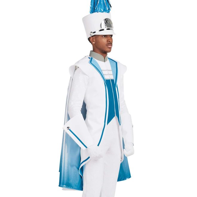 Custom white with carolina blue trim marching band uniform with tails. Back view with matching shako, white gauntlets, gloves and pants with white cape with silver and carolina blue detailing and underside