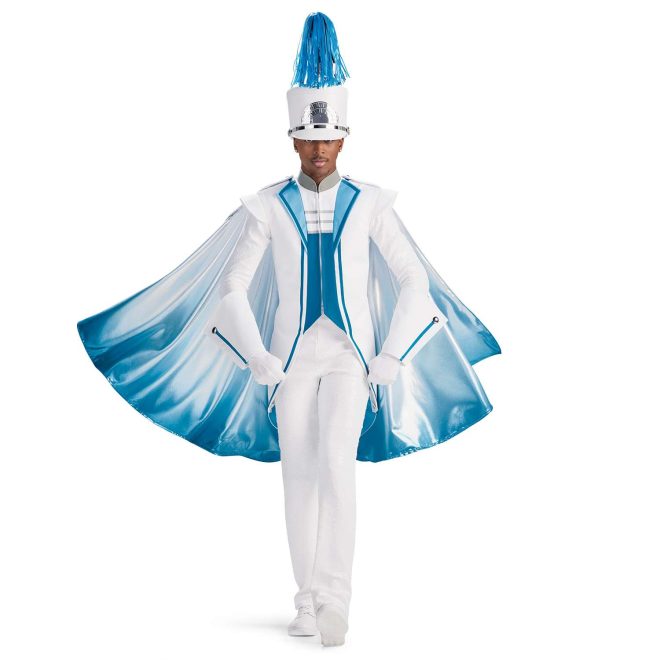 Custom white with carolina blue trim marching band uniform with tails. Front view with matching shako, white gauntlets, gloves and pants with white cape with silver and carolina blue detailing and underside