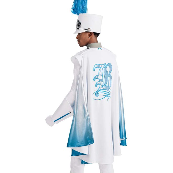 Custom white with carolina blue trim marching band uniform with tails. Back view with matching shako, white gauntlets, gloves and pants with white cape with silver and carolina blue detailing and underside