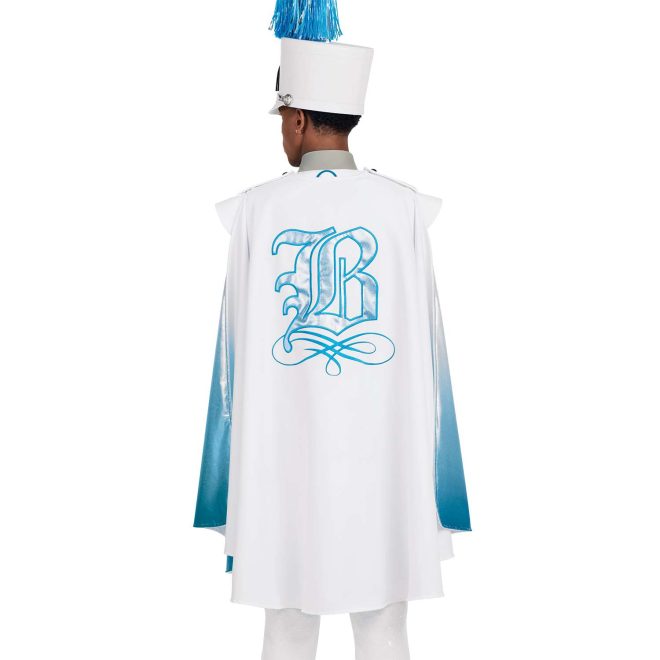Custom white with carolina blue trim marching band uniform with tails. Back view with matching shako, white gauntlets, gloves and pants with white cape with silver and carolina blue detailing and underside
