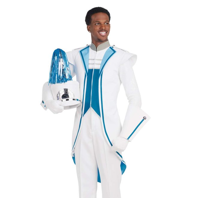 Custom white with carolina blue trim marching band uniform with tails. Front view with matching shako, white gauntlets, gloves and pants